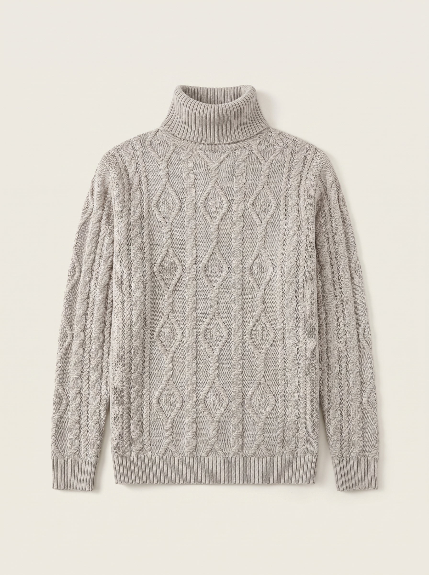Light gray men's cable knit turtleneck sweater flat lay product photo — Aveloire