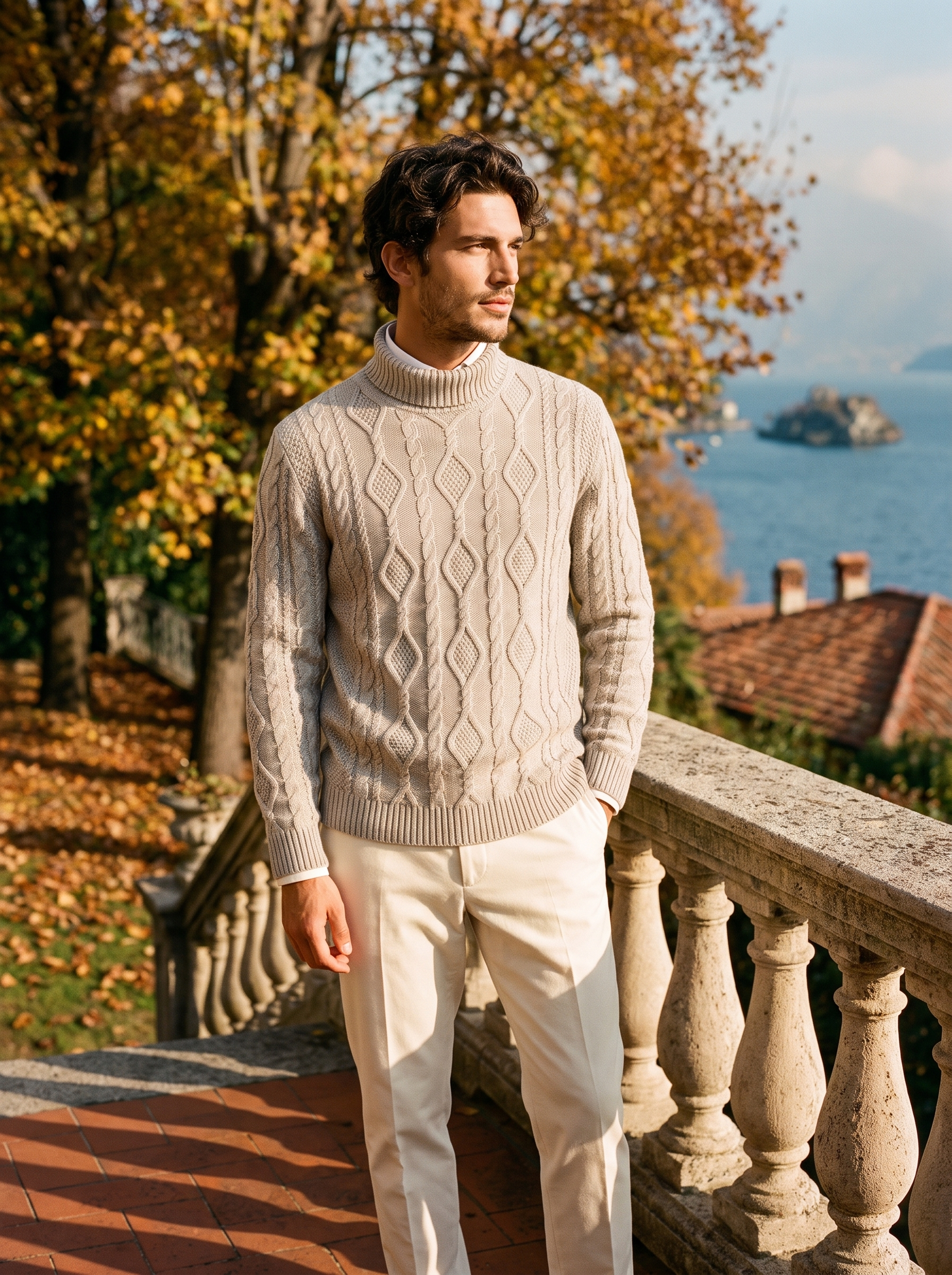 Light gray men's cable knit turtleneck sweater with diamond pattern, front view — Aveloire
