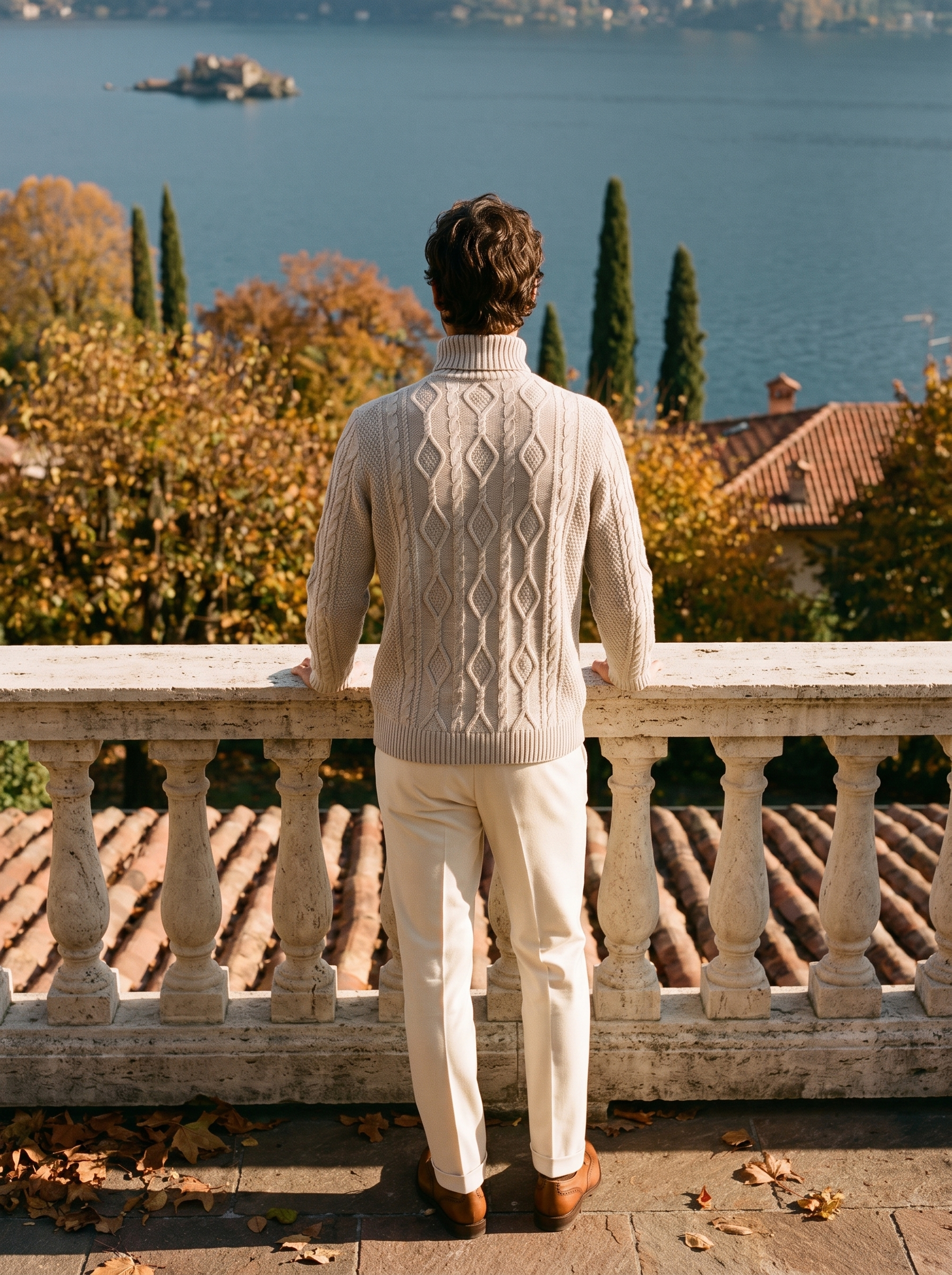 Light gray men's cable knit turtleneck sweater with diamond pattern, back view — Aveloire