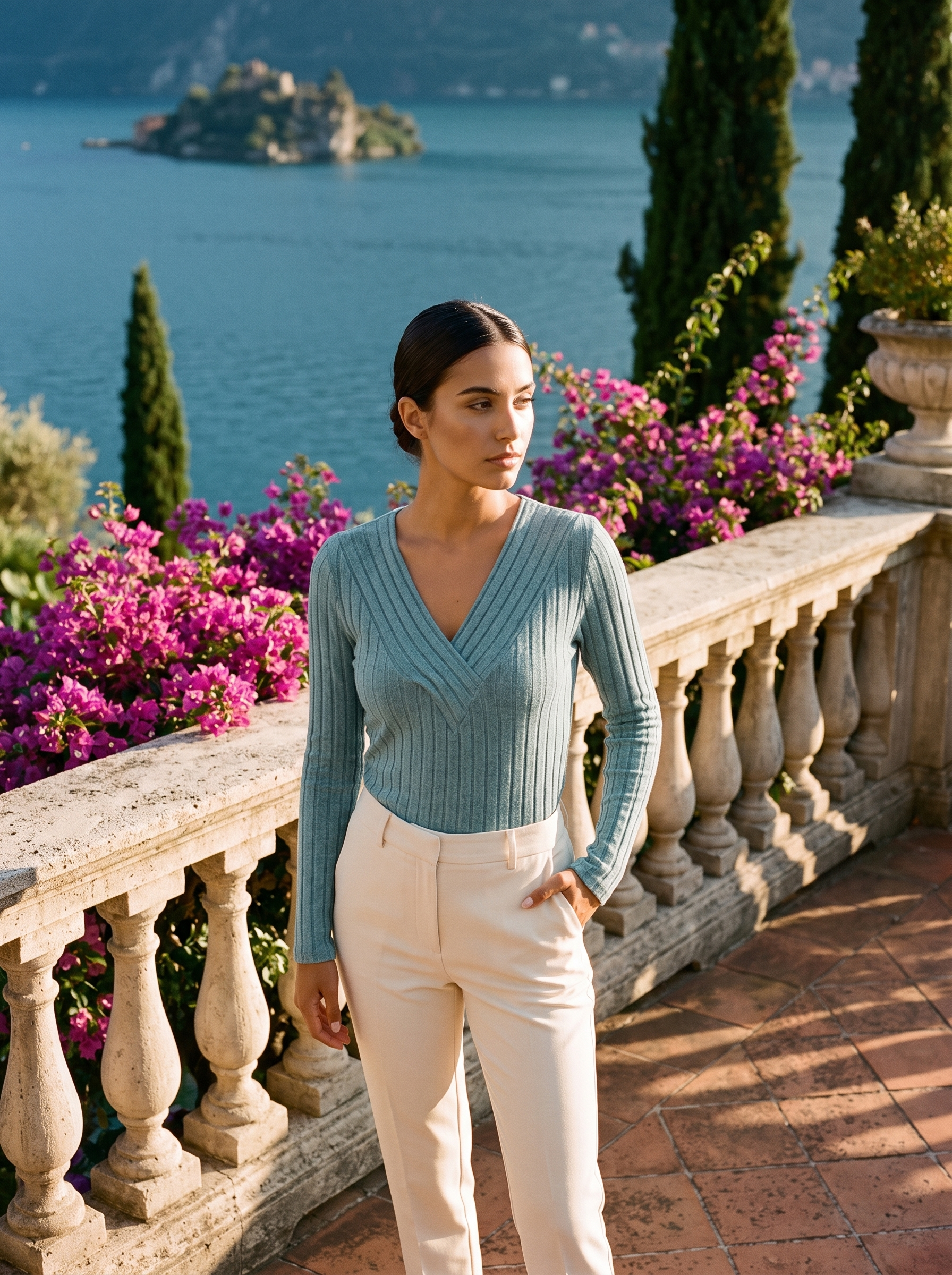Woman in a teal ribbed V-neck top, full-length front view on a Lake Como terrace — Aveloire