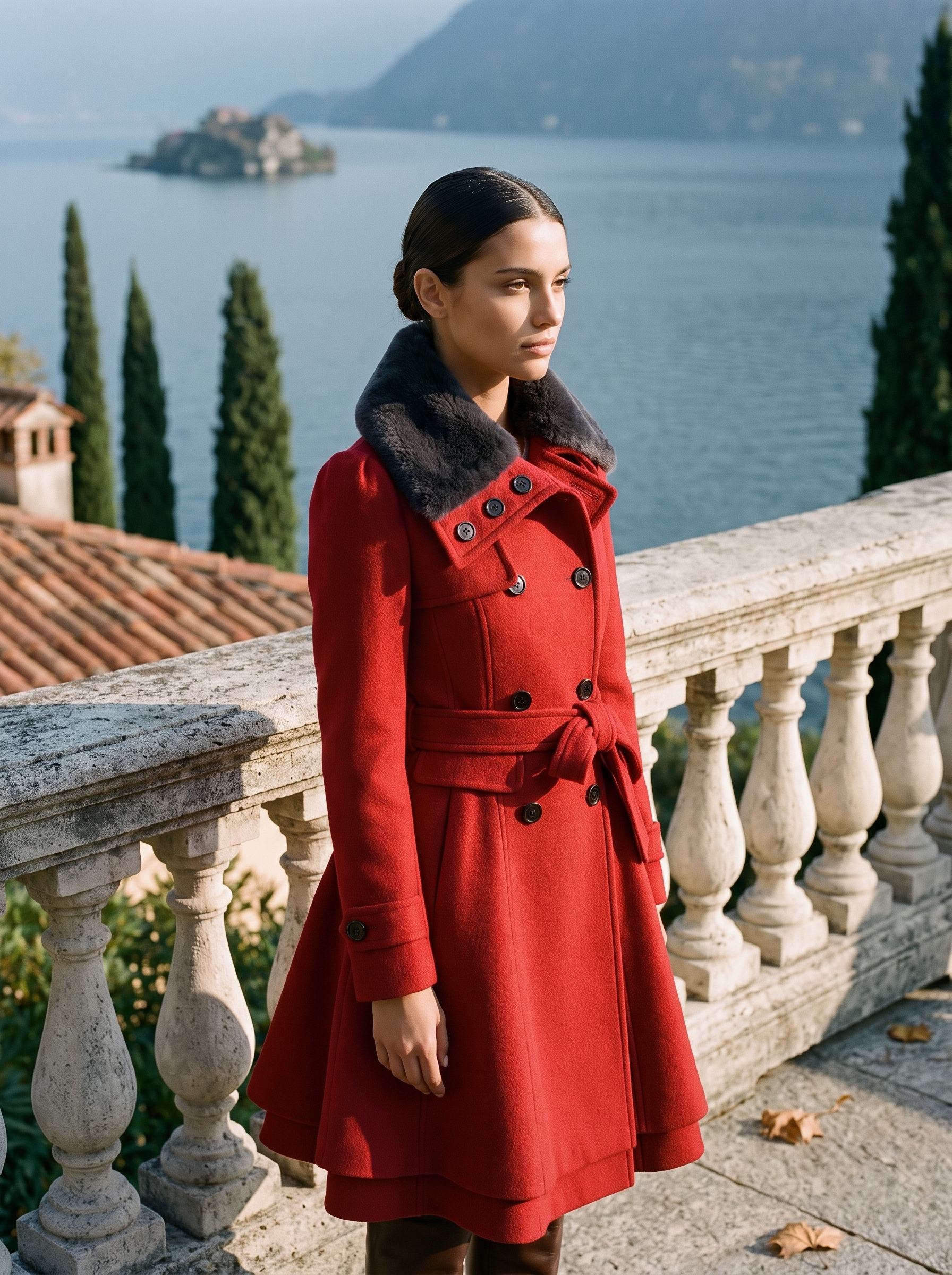 Red faux fur collar coat for women, worn on a Lake Como terrace — Aveloire