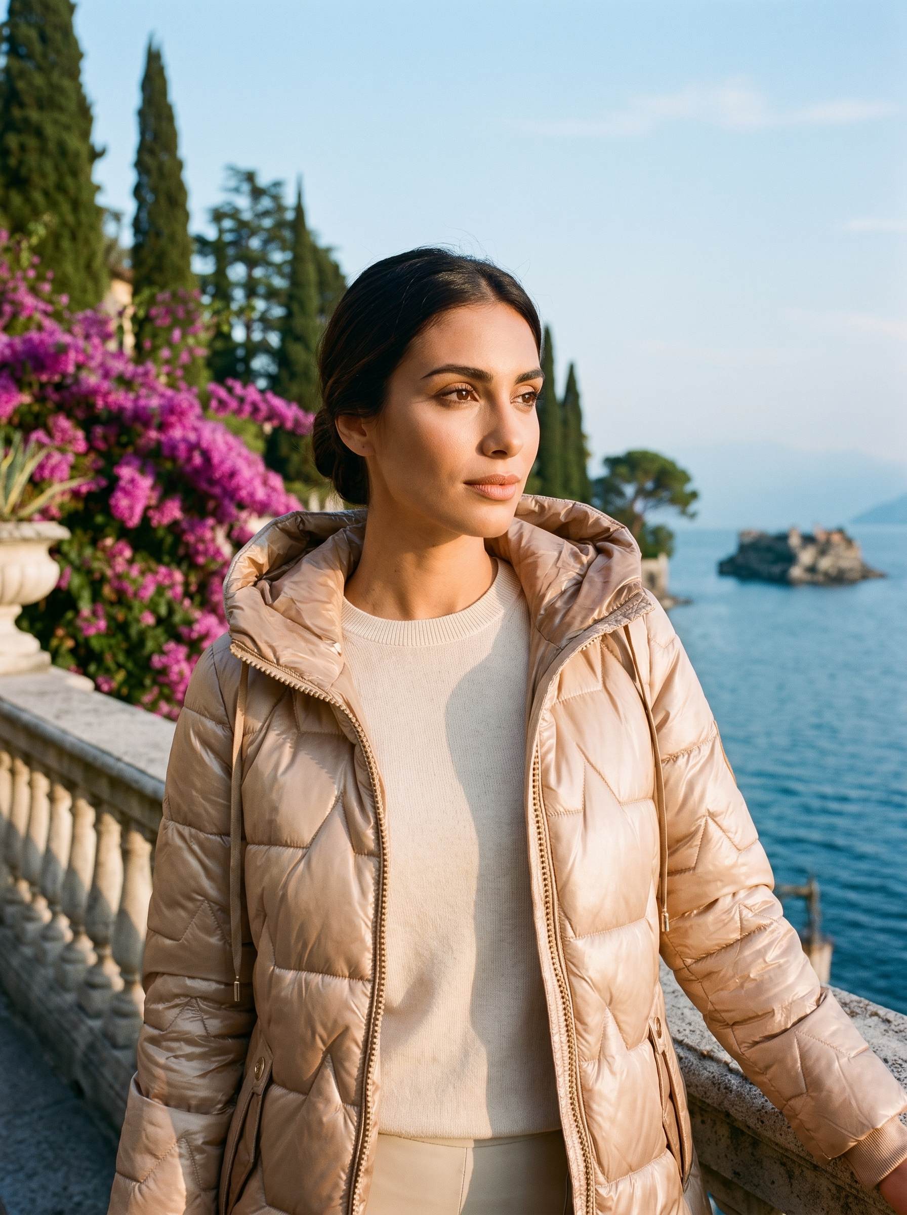 Woman wearing a beige quilted puffer coat on a terrace overlooking Lake Como, old money style — Aveloire
