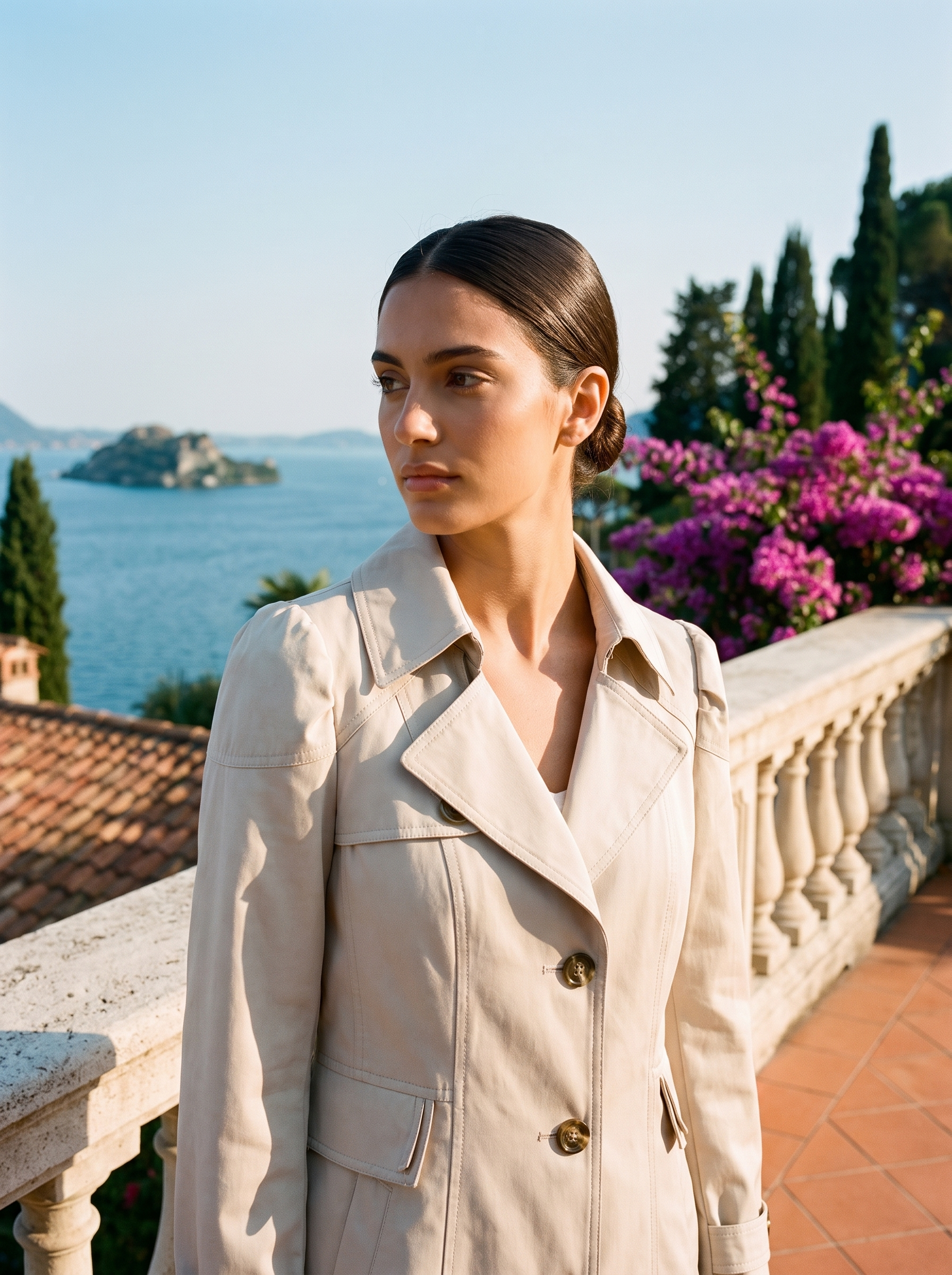 Woman wearing beige rain coat on a Lake Como terrace — Aveloire