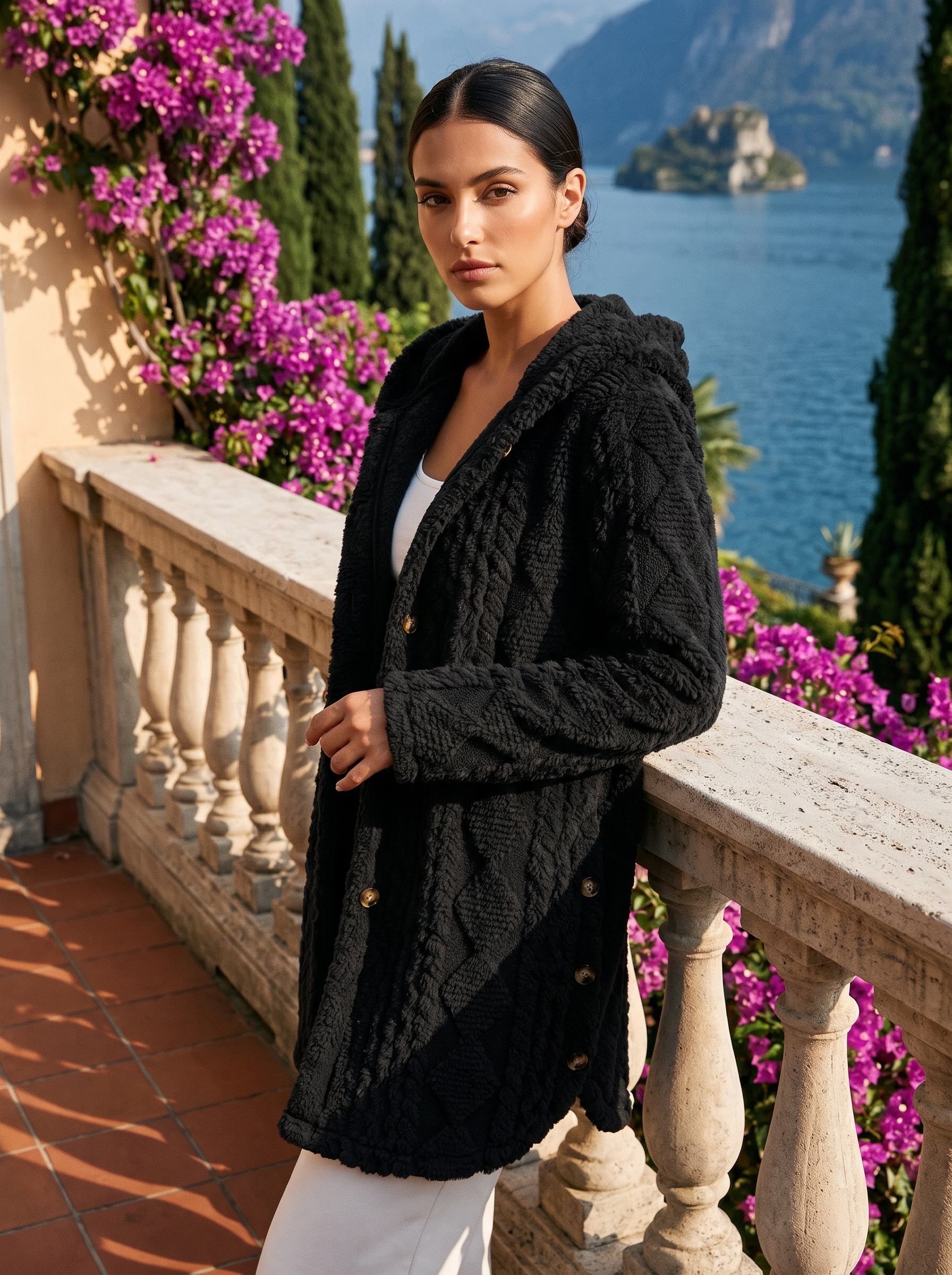Woman wearing a black plush hooded longline cardigan on a Lake Como terrace — Aveloire