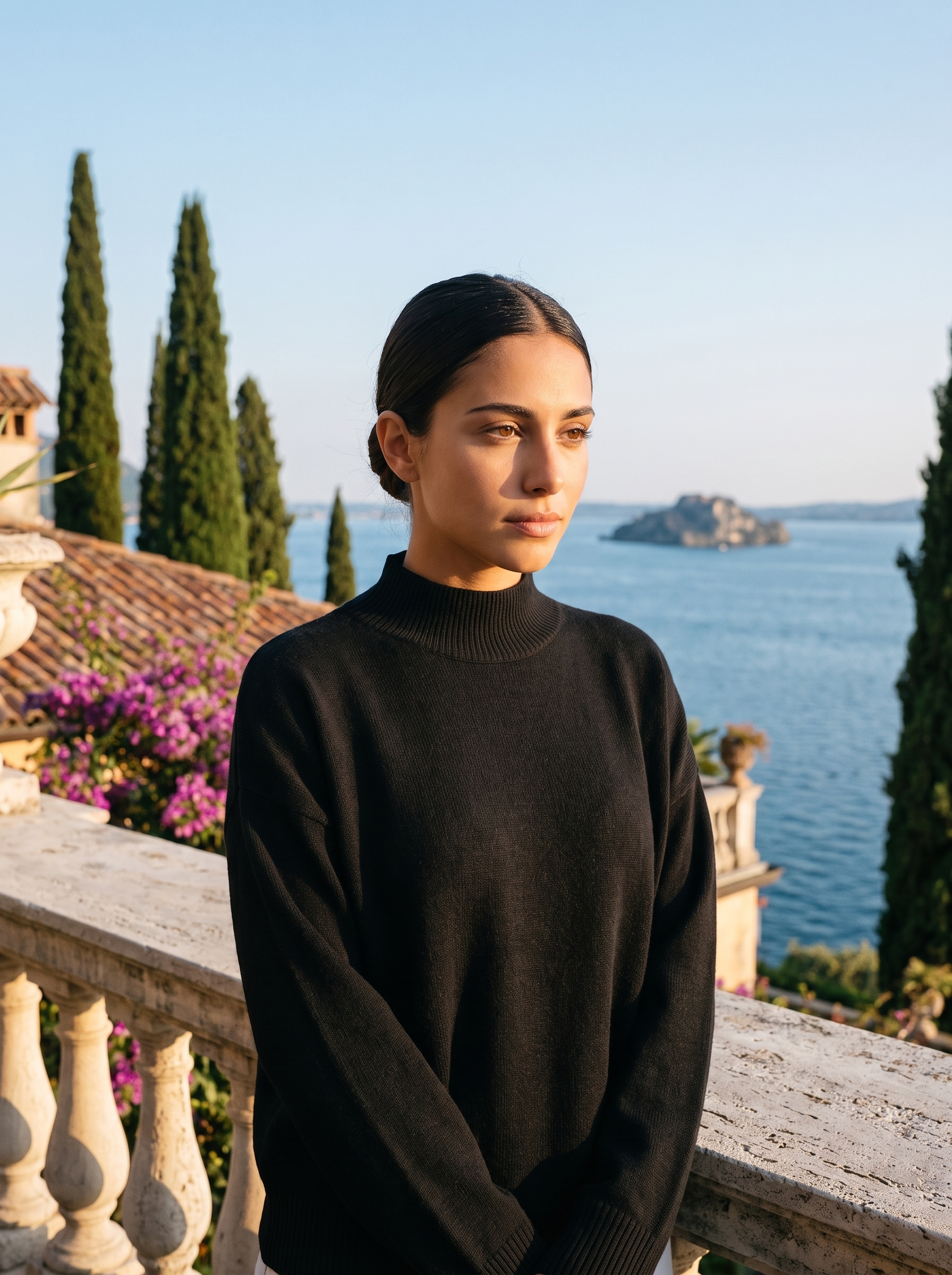 Woman wearing a black mock-neck jumper on a terrace overlooking Lake Como — Aveloire