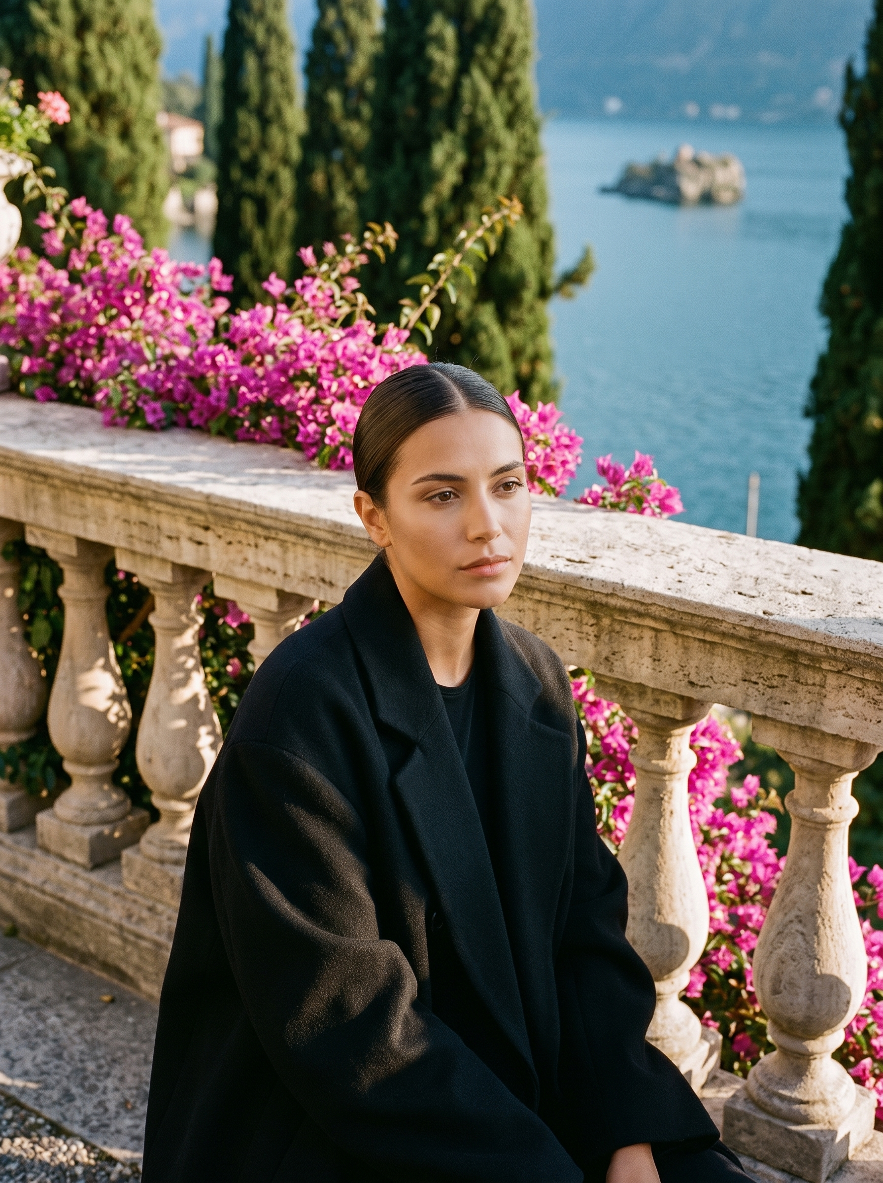 Woman wearing black oversized longline wool coat on a Lake Como terrace