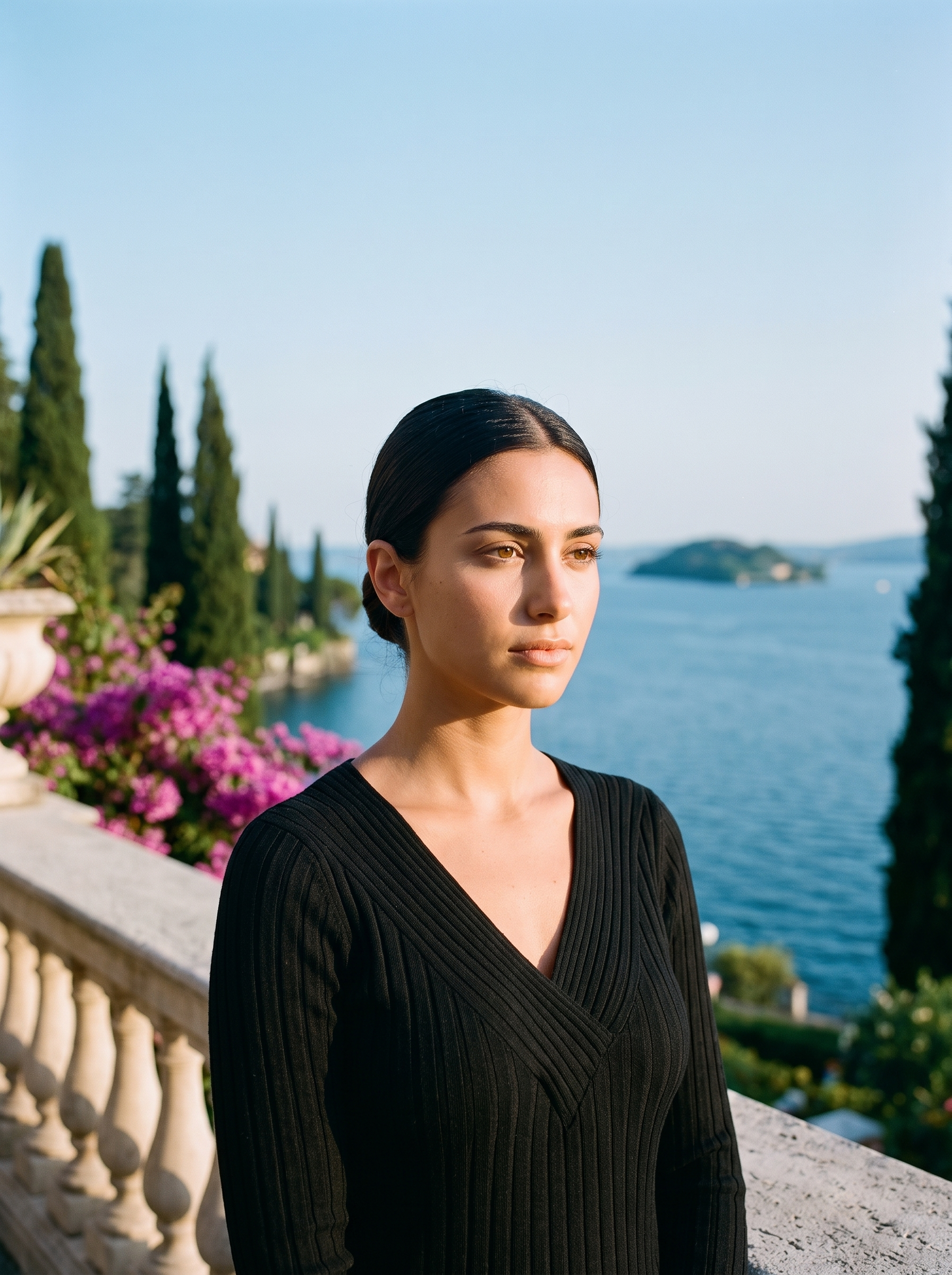 Woman wearing a black ribbed V-neck top on a terrace overlooking Lake Como — Aveloire