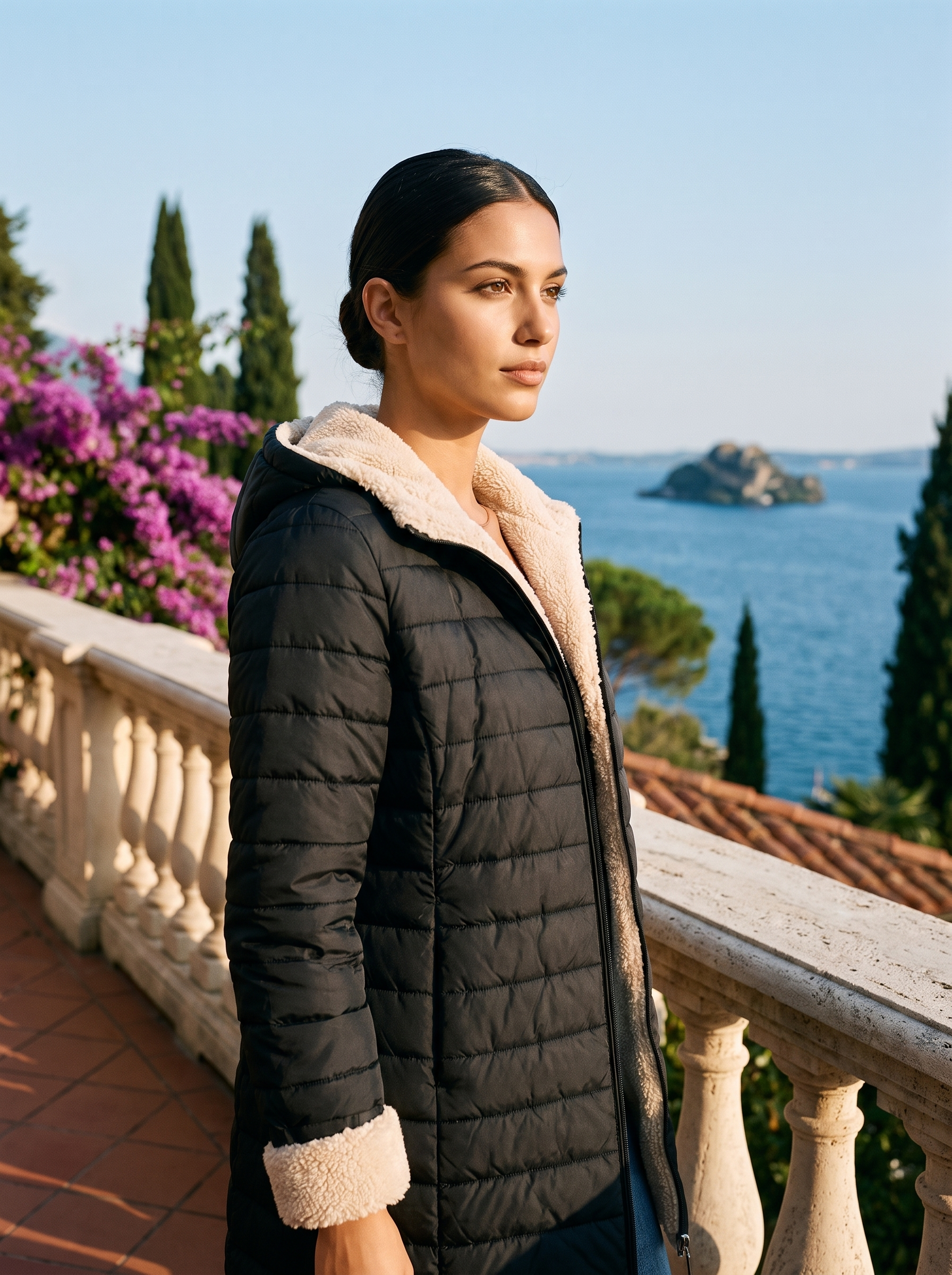 Woman wearing black sherpa winter coat on a Lake Como terrace — Aveloire