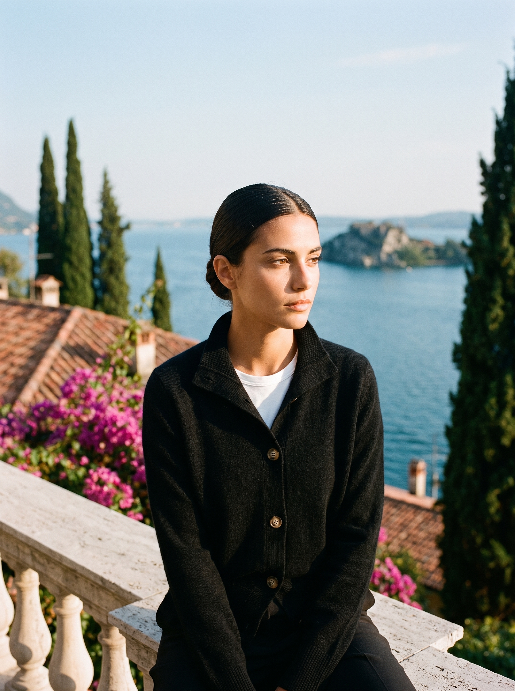 Woman wearing a black stand-collar cardigan on a terrace overlooking Lake Como, old money style — Aveloire