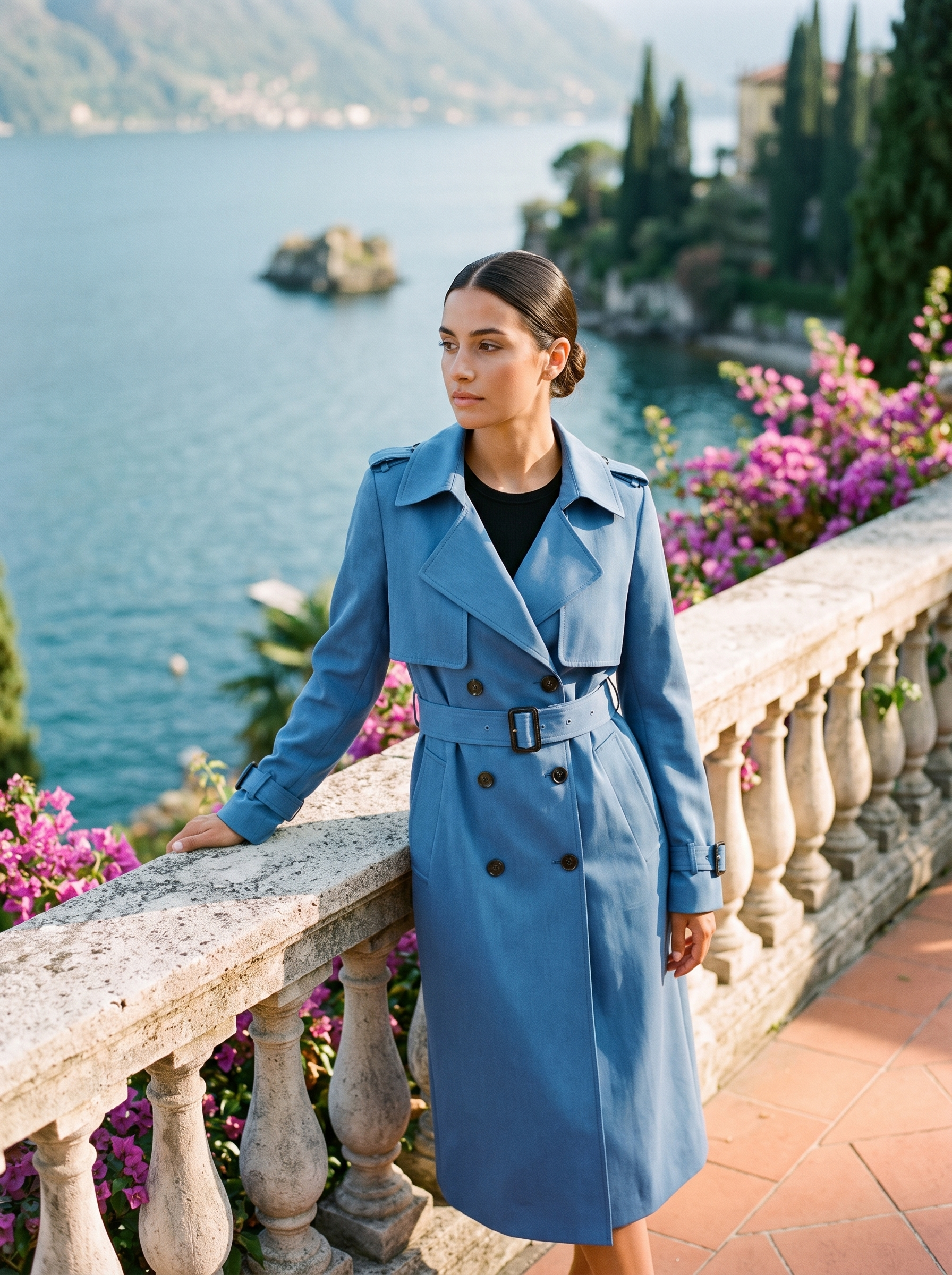 Woman wearing a cornflower-blue double-breasted belted trench coat on a Lake Como terrace — Aveloire