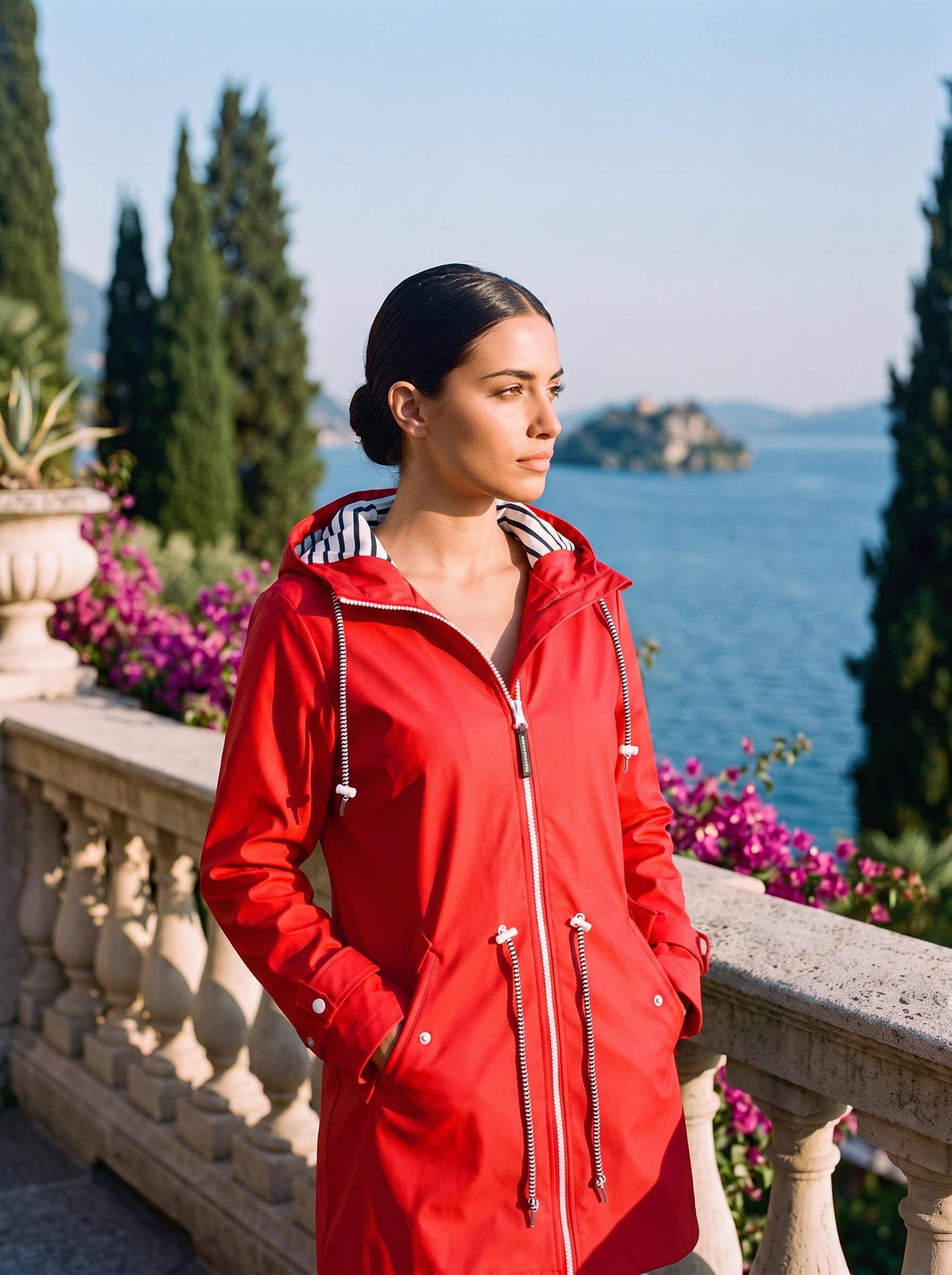 Woman wearing a bright red hooded waterproof rain jacket on a Lake Como terrace — Aveloire