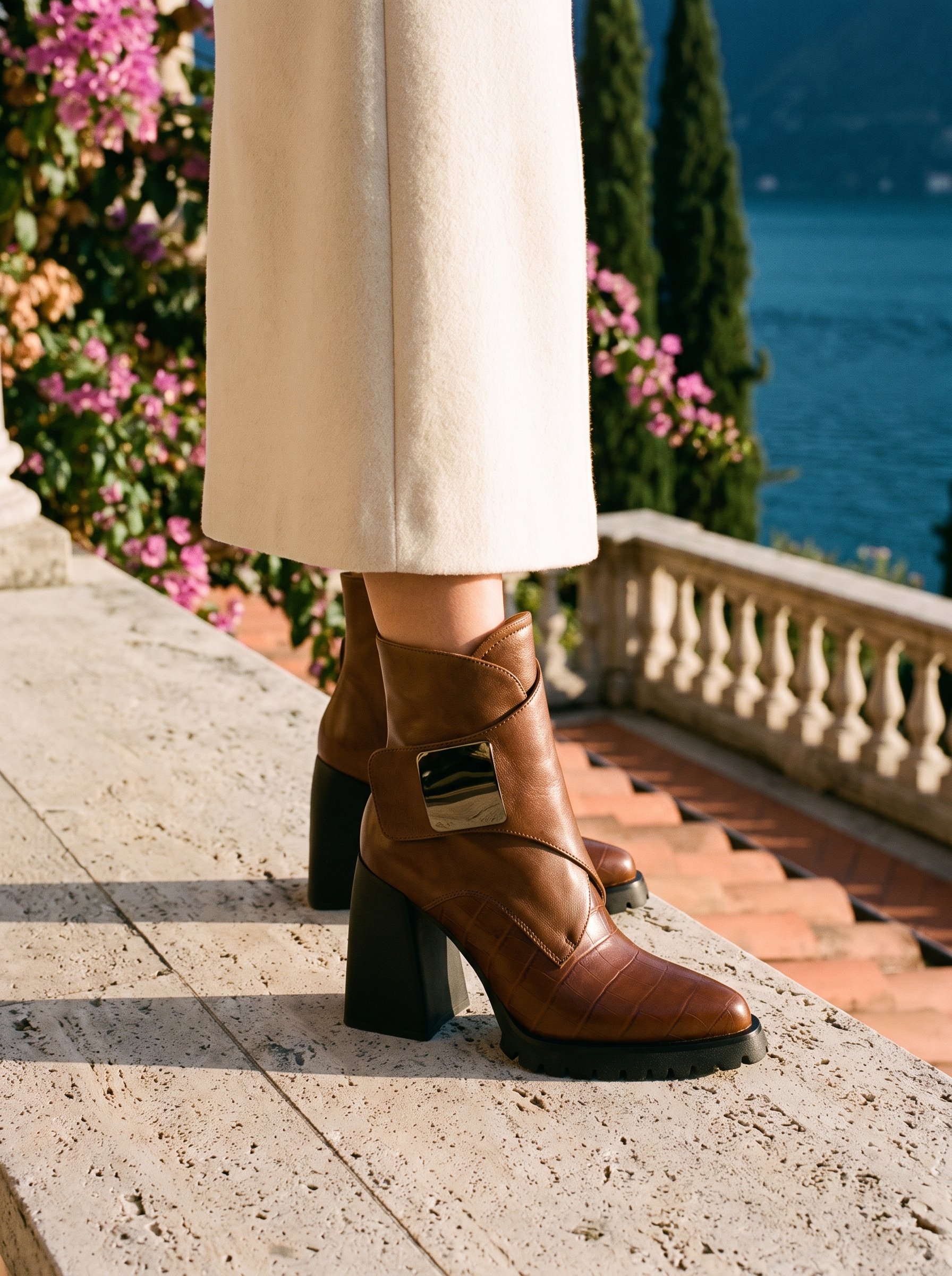 Woman wearing brown buckled block heel ankle boots on a terrace overlooking Lake Como, old money style — Aveloire