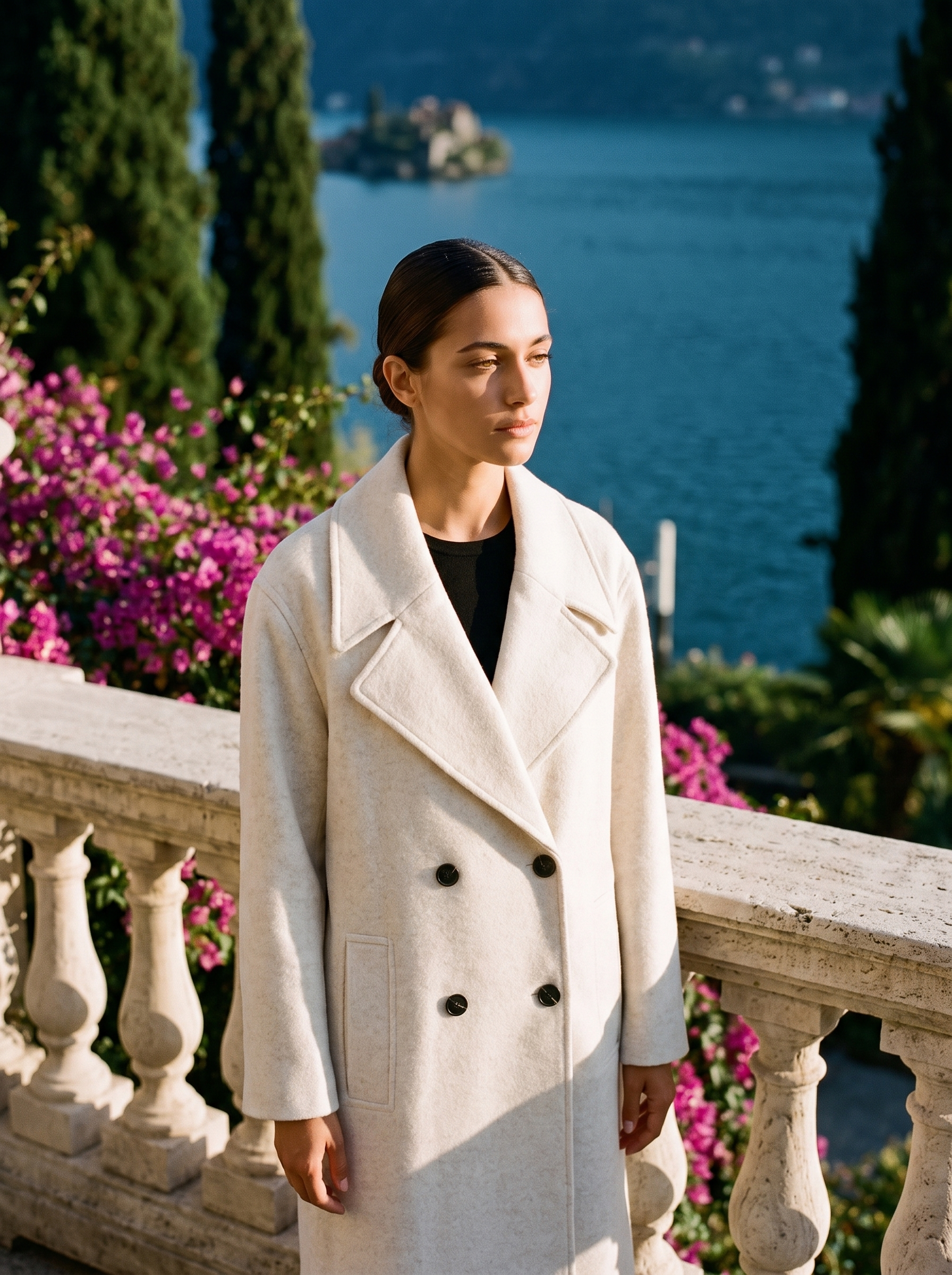 Woman wearing a cream double-breasted wool overcoat on a Lake Como terrace — Aveloire
