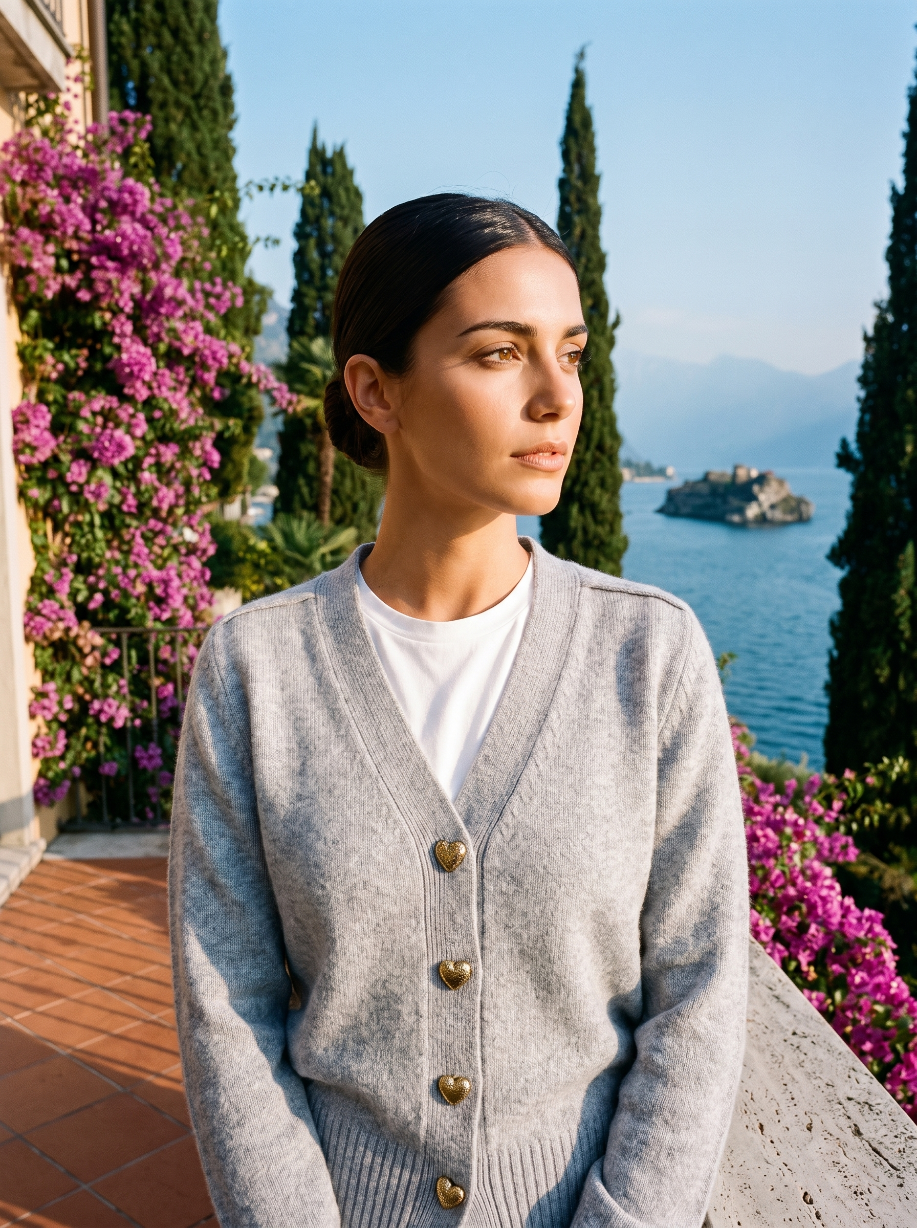 Woman wearing a gray V-neck button cardigan on a terrace overlooking Lake Como, old money style — Aveloire