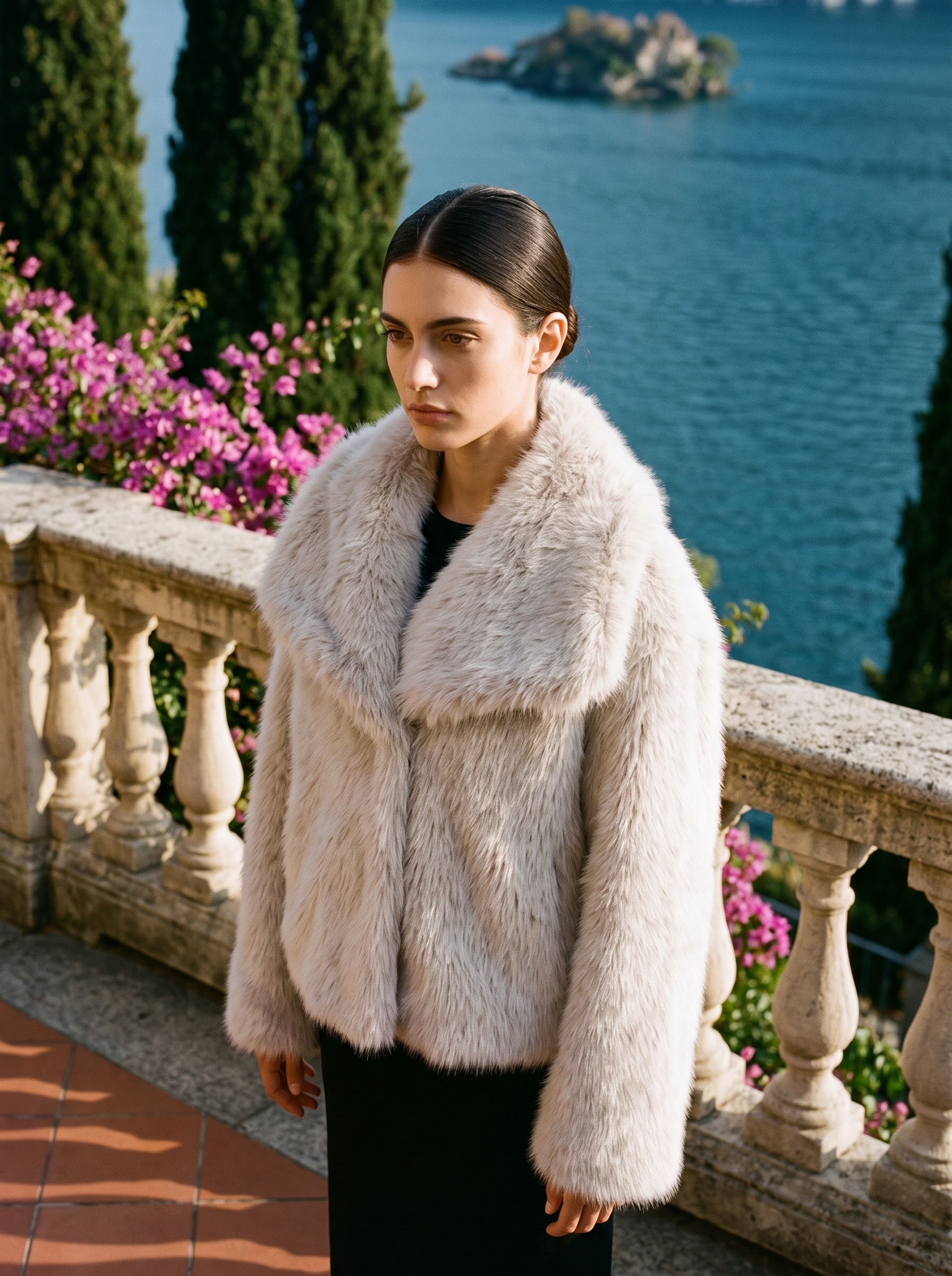 Woman wearing a pale greige cropped faux fur coat on a Lake Como terrace — Aveloire