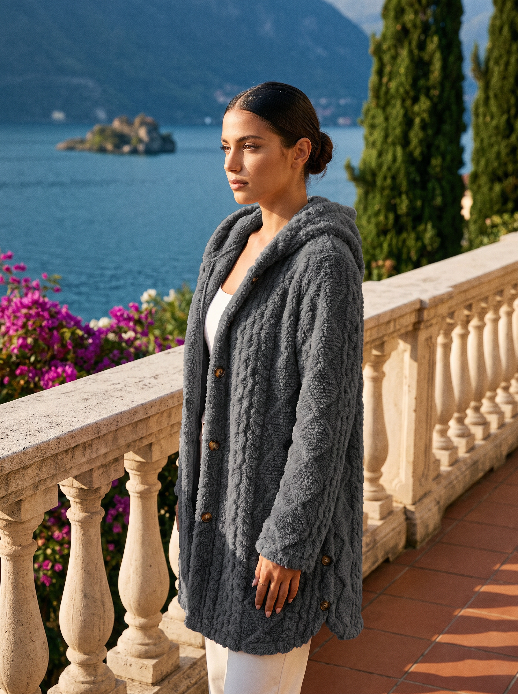 Woman wearing a charcoal-grey plush hooded longline cardigan on a Lake Como terrace — Aveloire