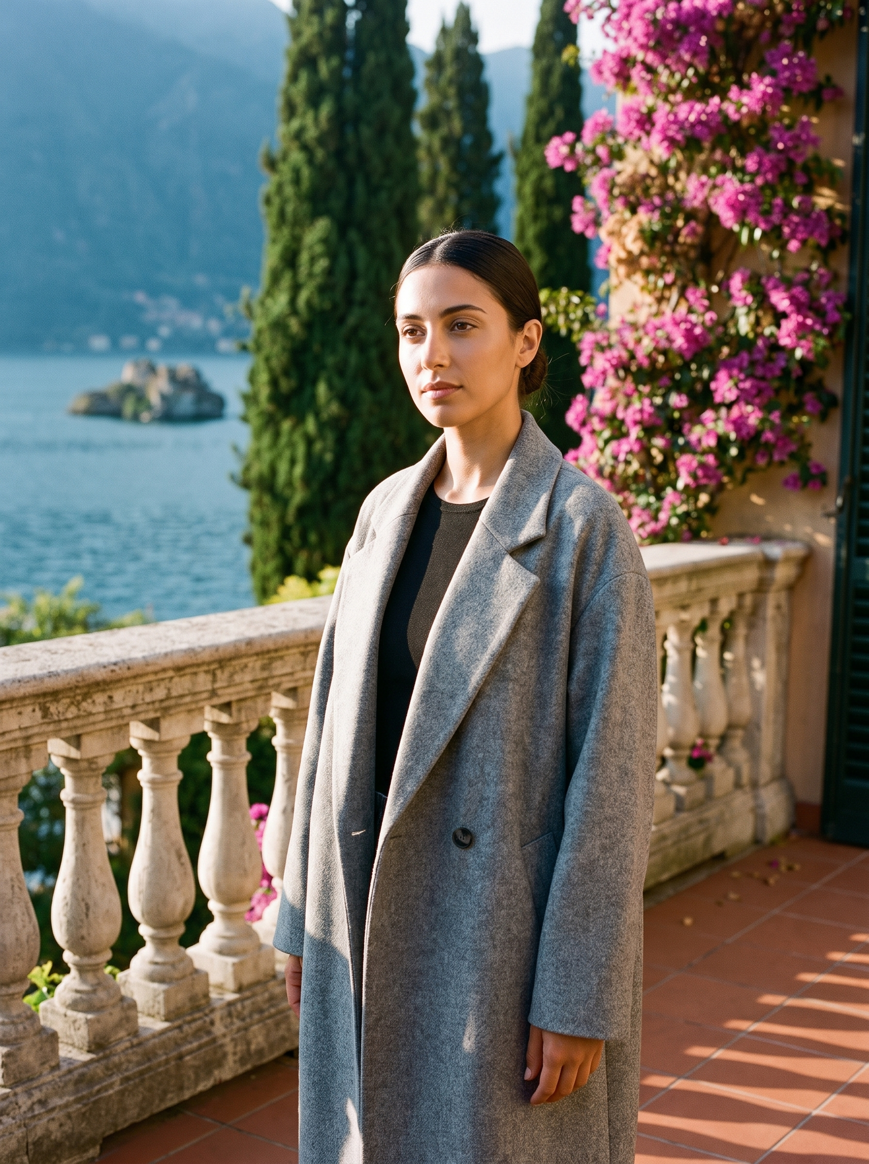 Woman wearing heather grey oversized longline wool coat on a Lake Como terrace