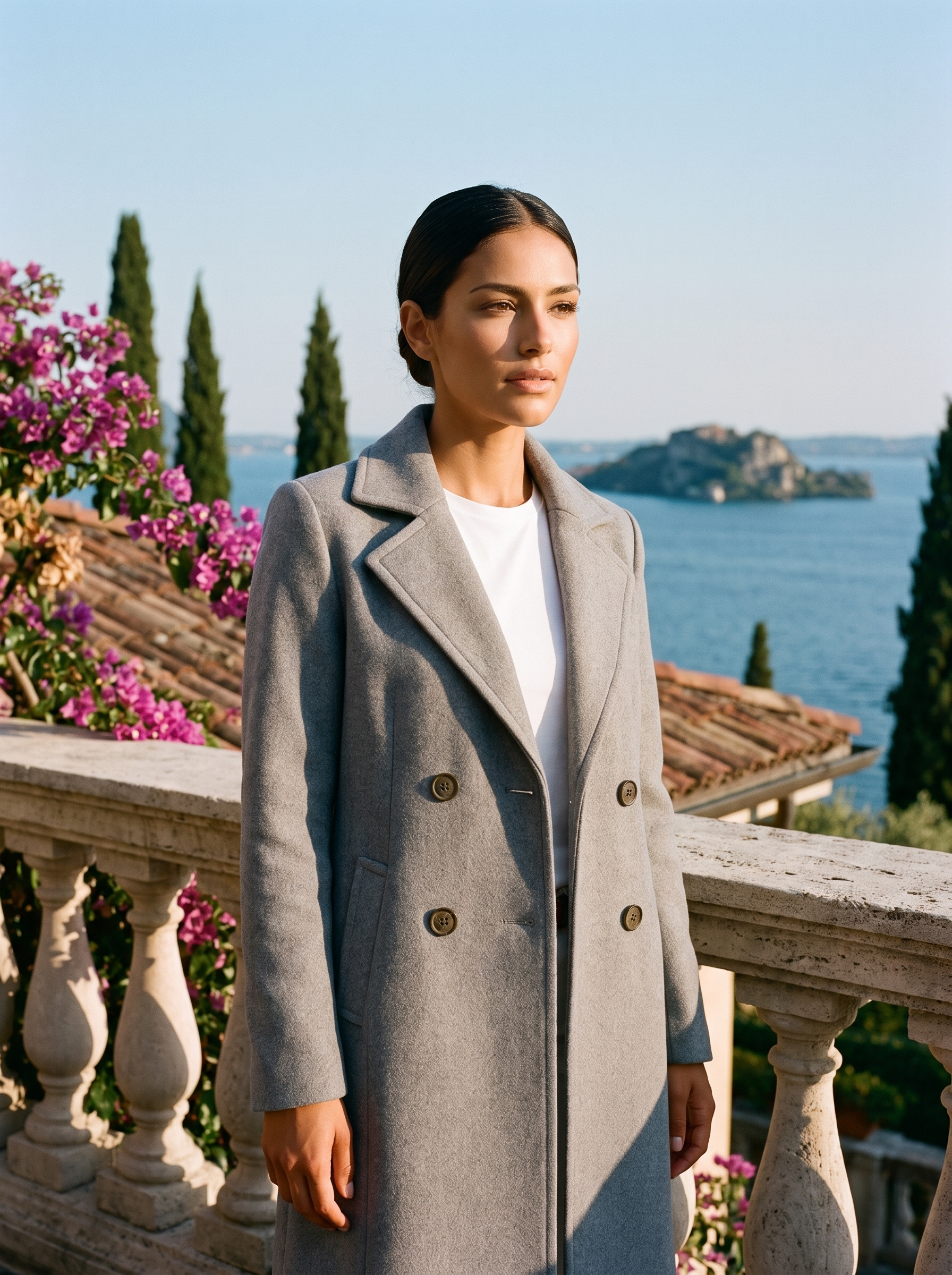 Woman wearing a grey wool overcoat on a terrace overlooking Lake Como, old money style — Aveloire