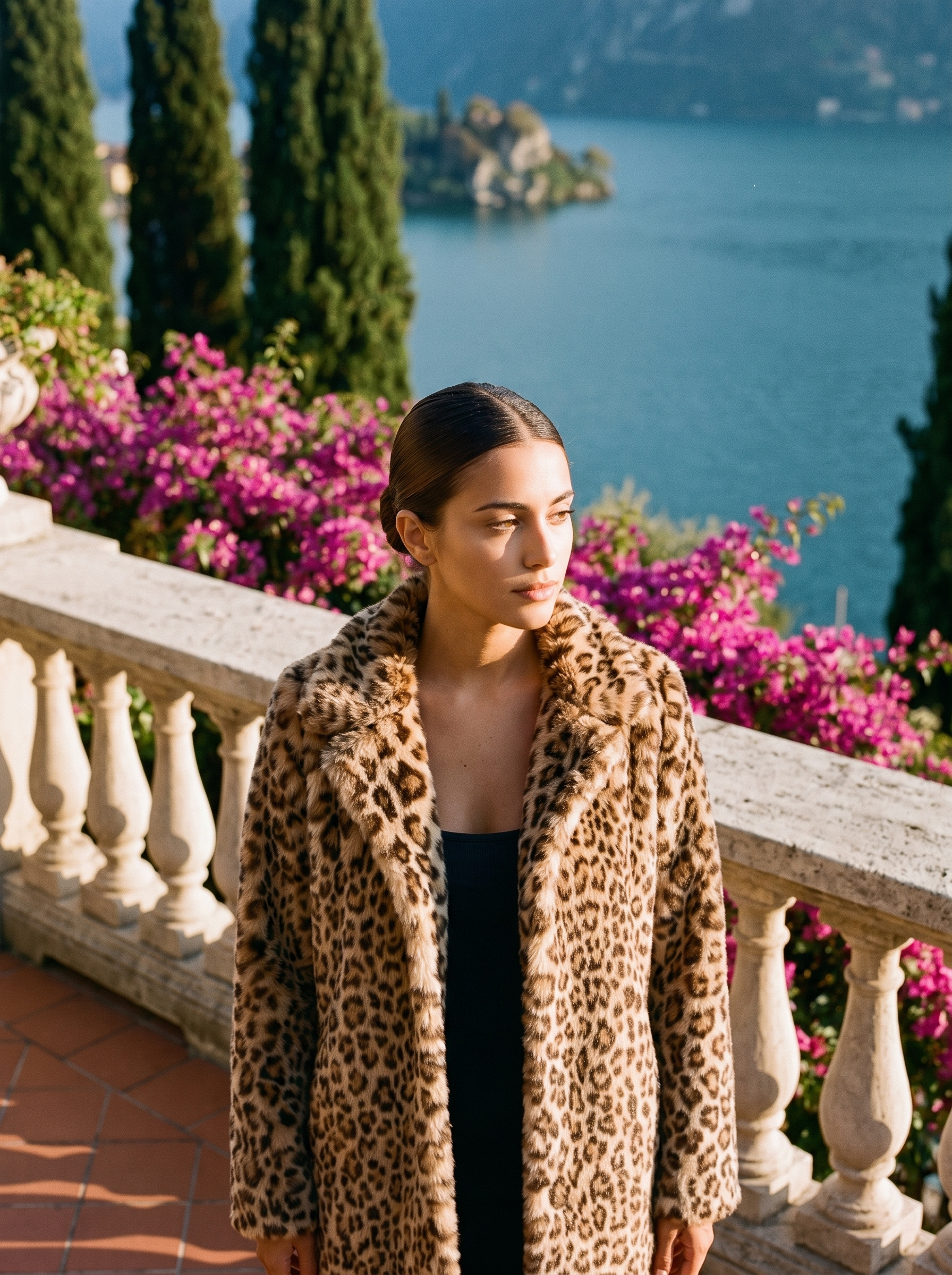 Woman wearing classic leopard print faux fur coat on a Lake Como terrace