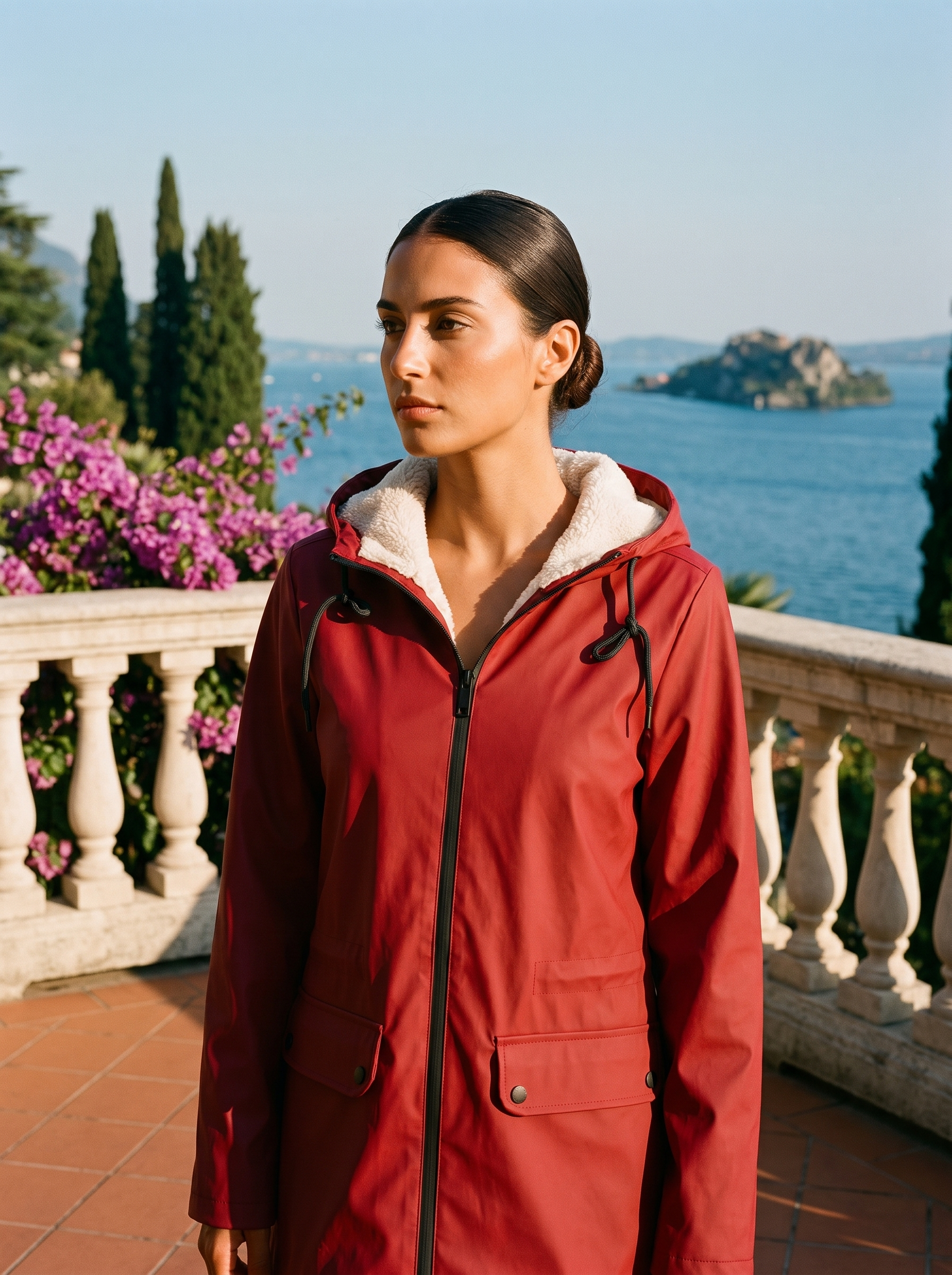 Woman wearing red waterproof rain jacket on a Lake Como terrace — Aveloire