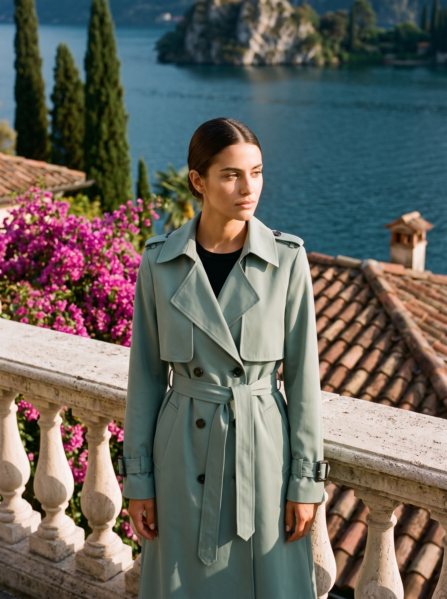 Woman wearing a sage-green double-breasted belted trench coat on a Lake Como terrace — Aveloire