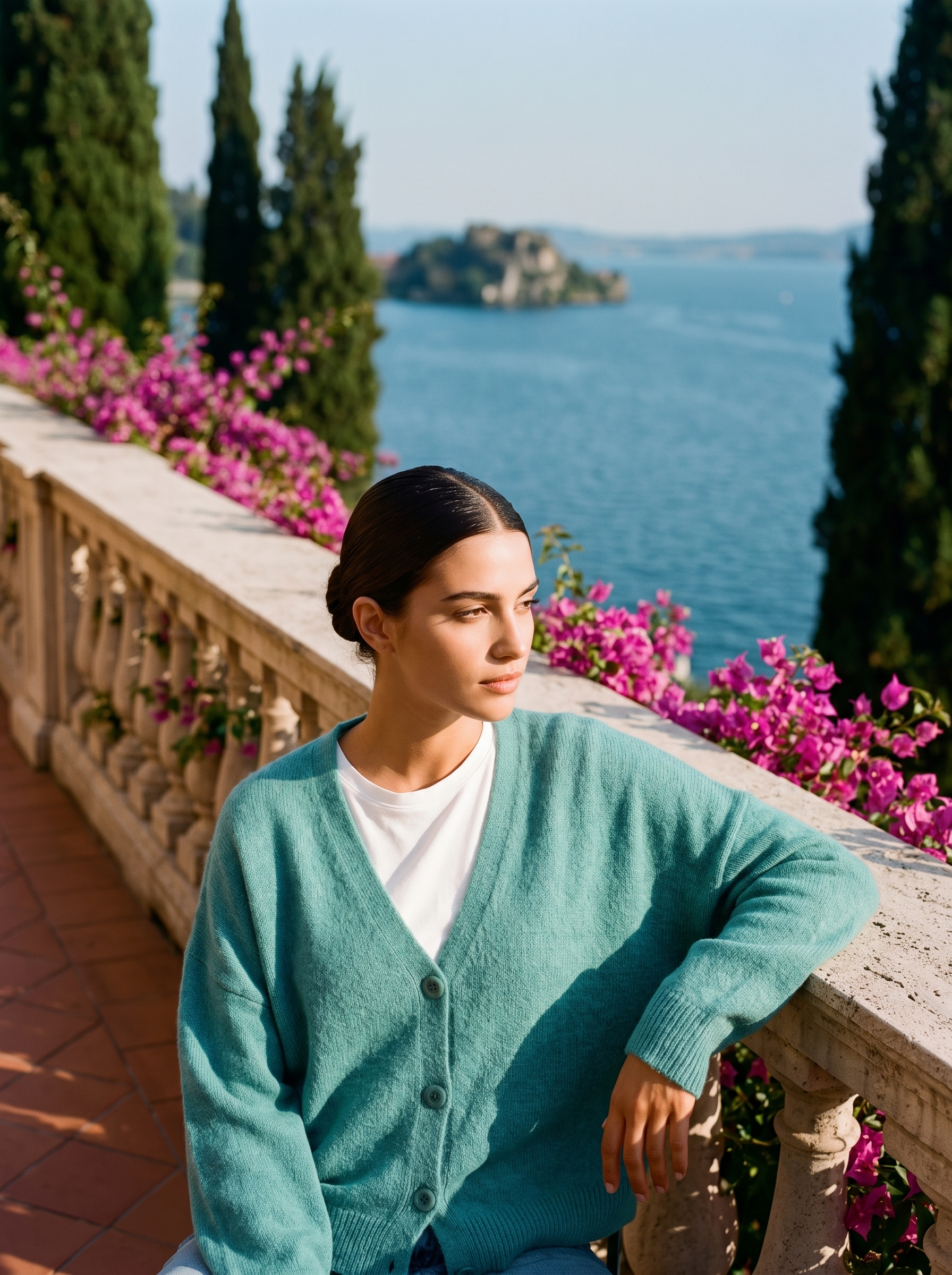 Woman wearing a turquoise V-neck cardigan on a terrace overlooking Lake Como, old money style — Aveloire