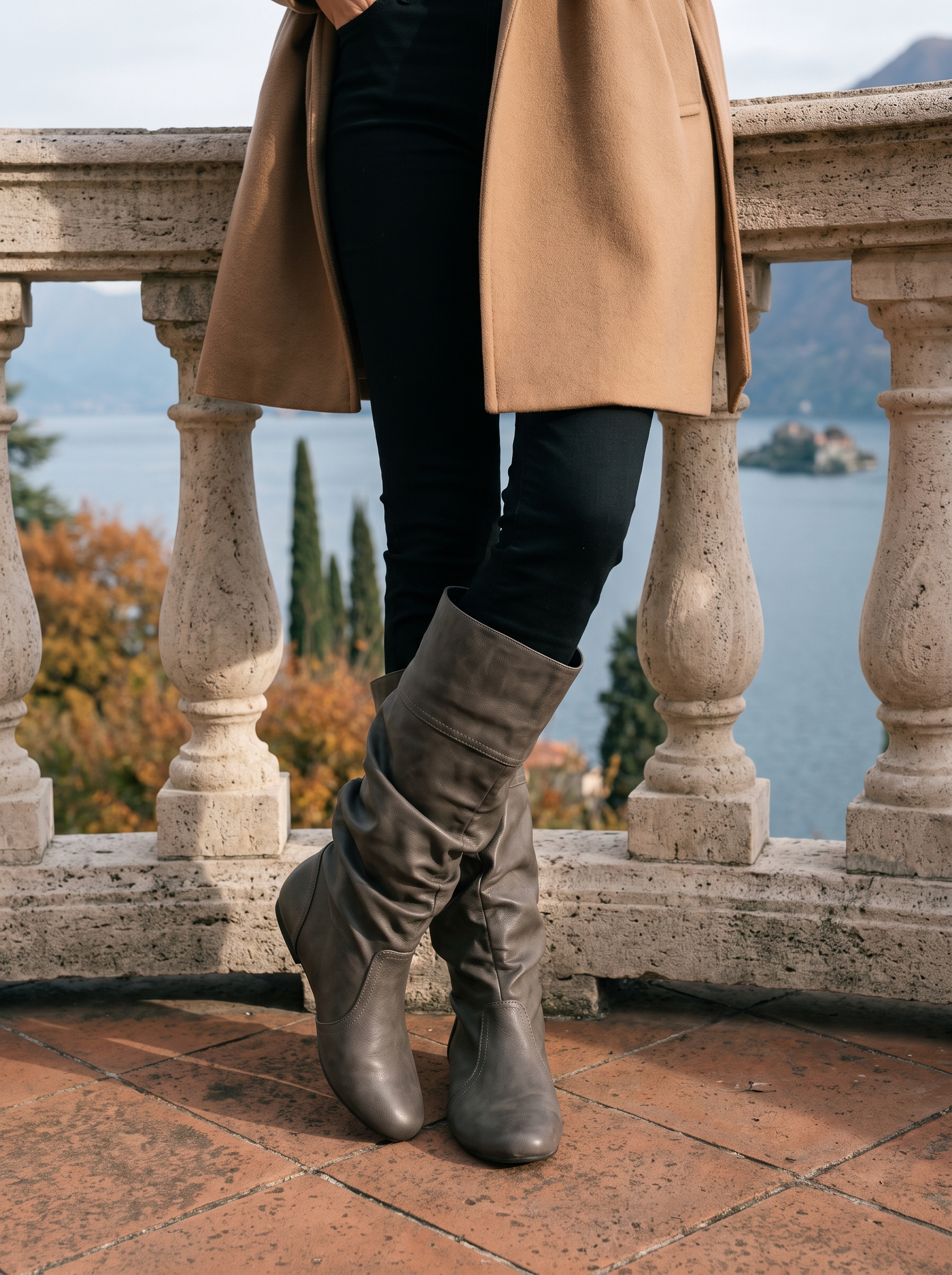 Taupe knee high boots for women, low block heel, side view product shot — Aveloire