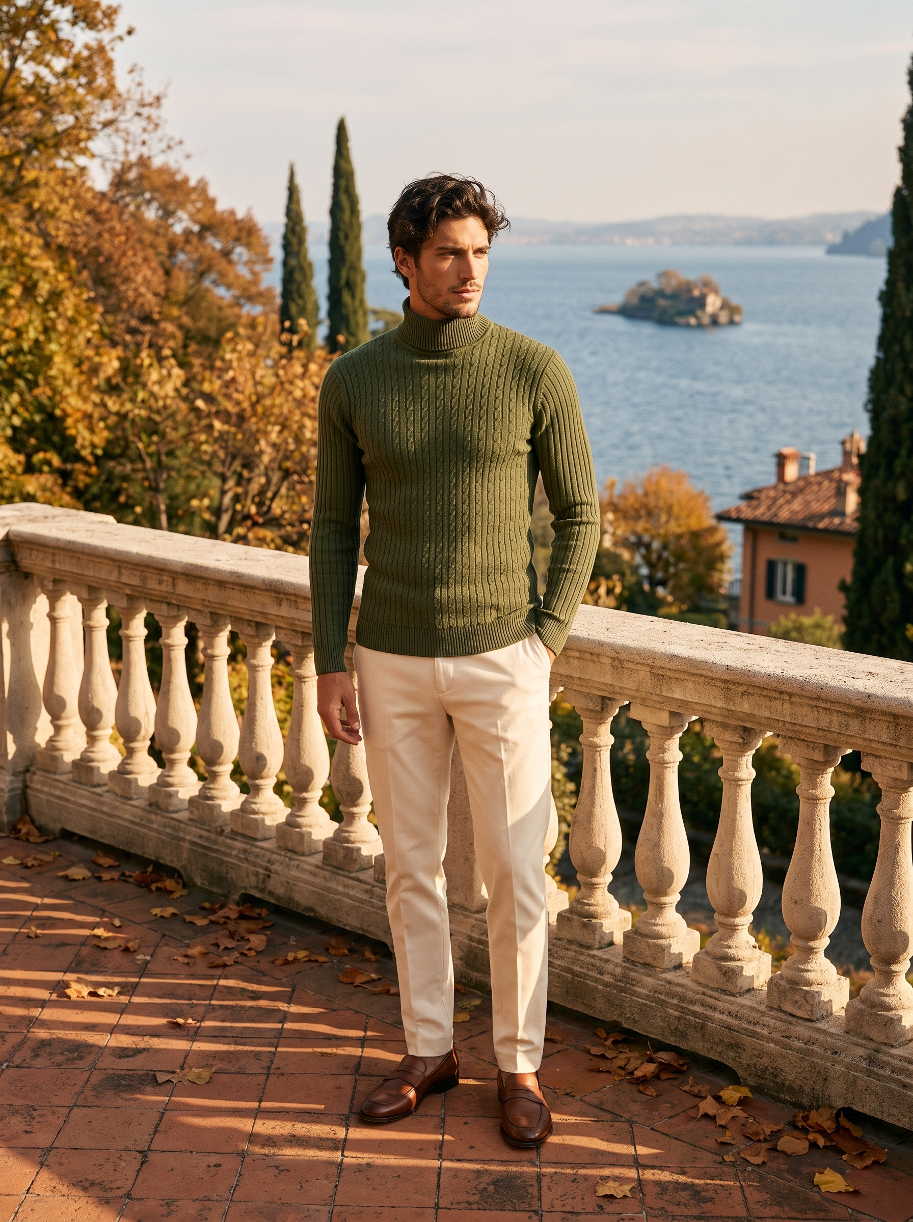Army green cable knit turtleneck sweater for men, full front view — Aveloire