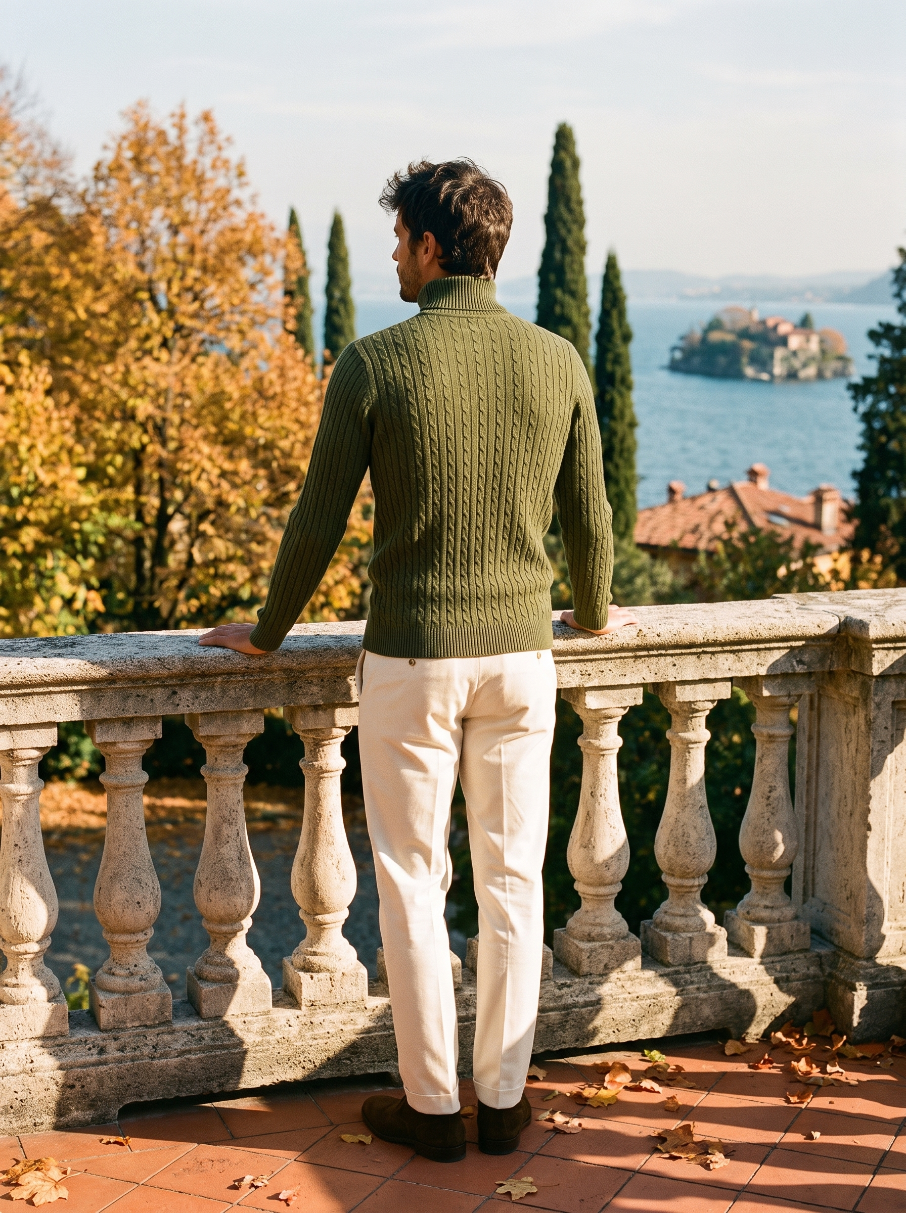 Army green cable knit turtleneck sweater for men, back view — Aveloire