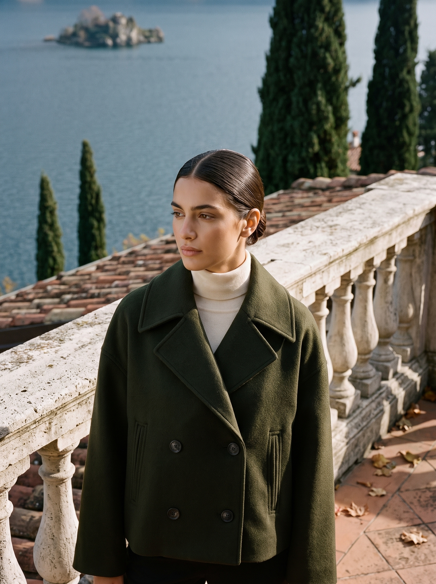 Army green cropped peacoat for women, worn on a Lake Como terrace — Aveloire