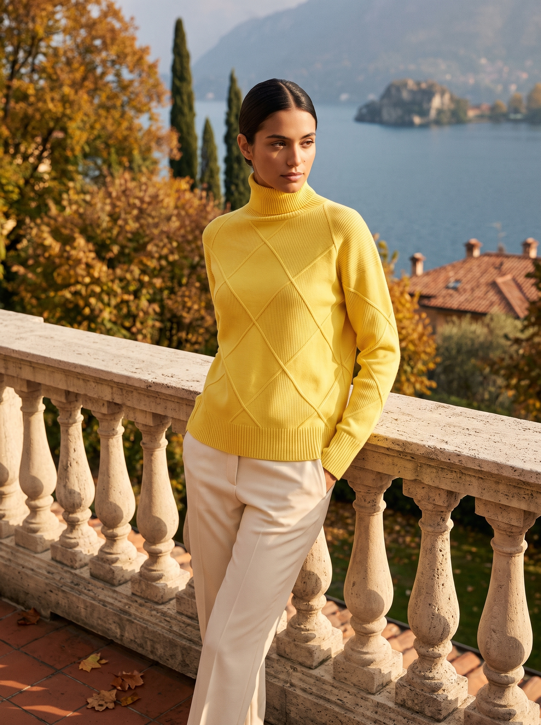 Yellow cable knit turtleneck sweater for women, front view — Aveloire